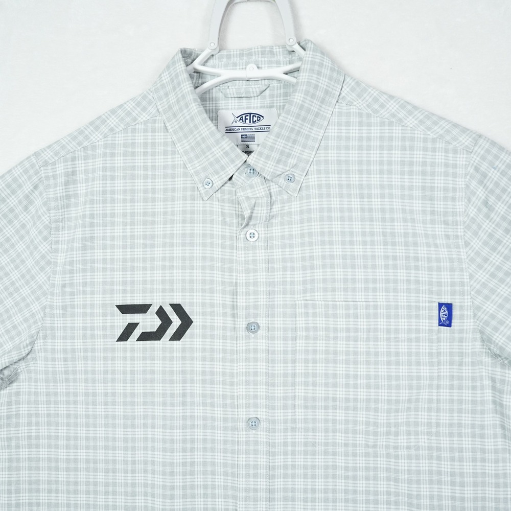 AFTCO Mens Short Sleeve Plaid Fishing Shirt Grey White Daiwa Logo‎ Size S